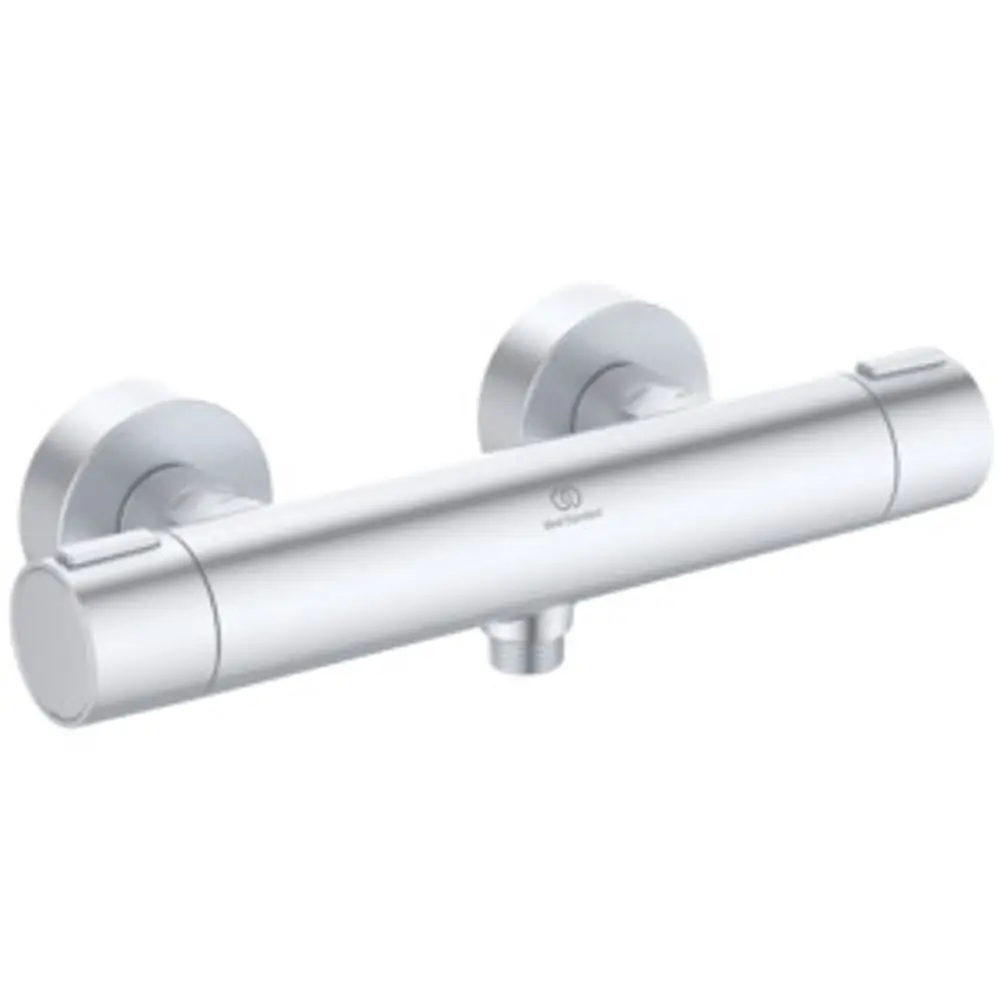 Brausethermostat aus Aluminium in Silber von Ideal Standard, mit zwei runden montierten Knöpfen zur Temperaturregelung und zentralem Wasseranschluss.